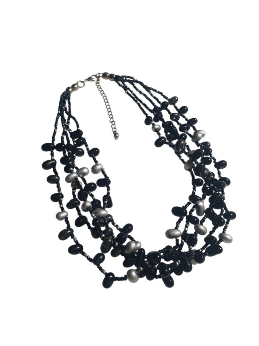 Black Silver Beaded Multistrand Necklace Layered Adjustable 16.5 In 3 In Extensi